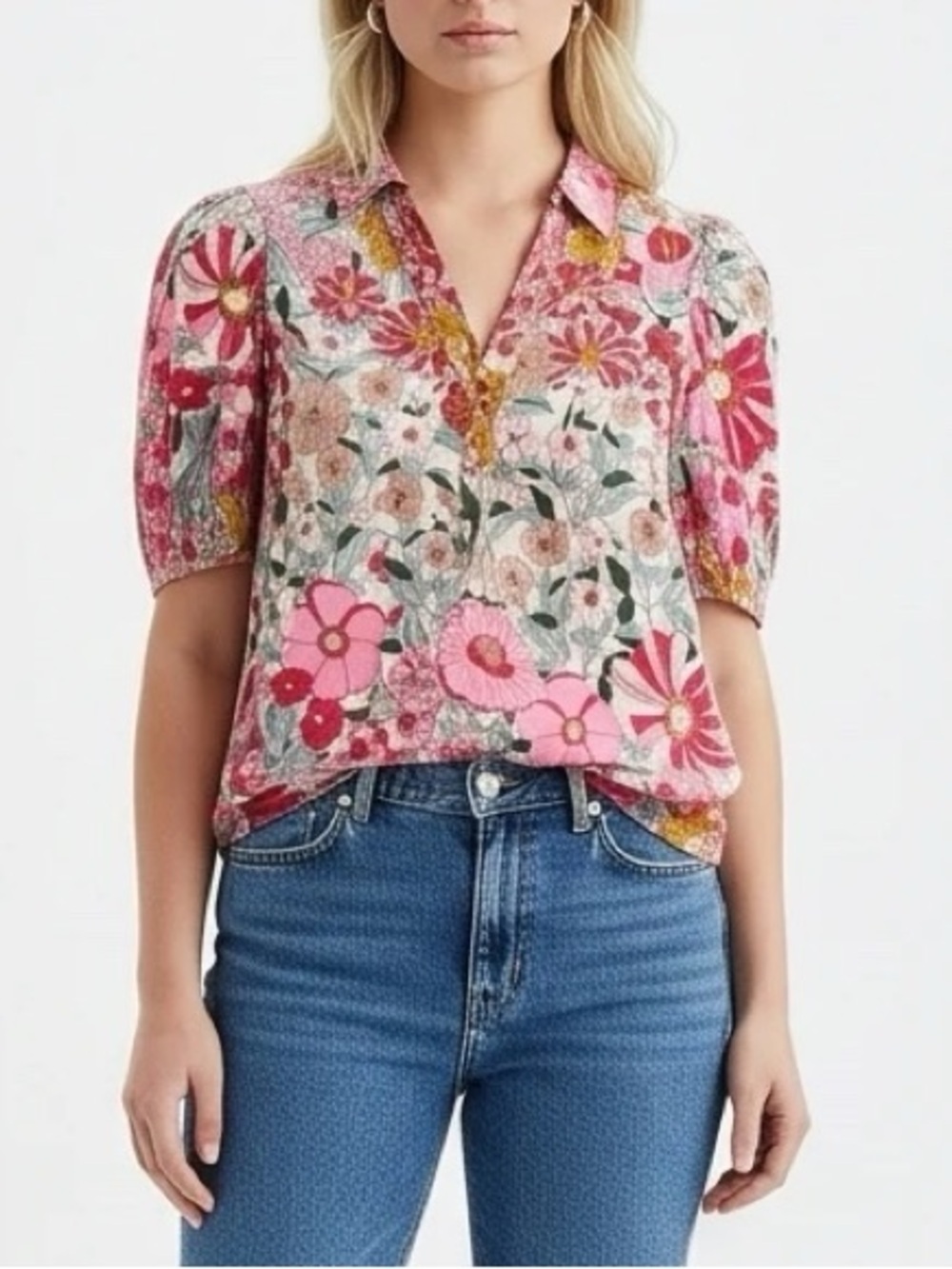 JODIFL Pink Floral Short Sleeve Blouse